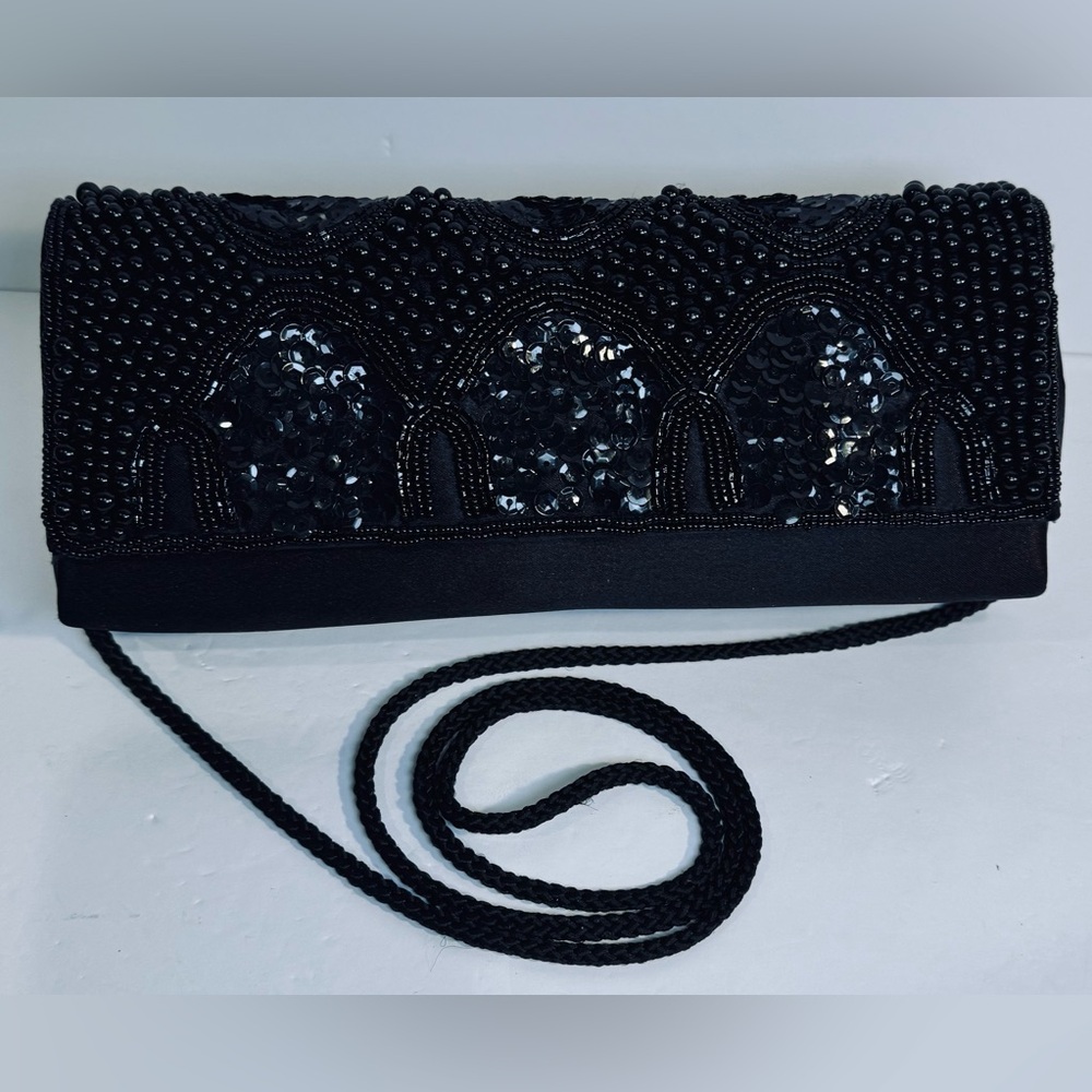 Vintage 90’s Black Sequin Beaded Clutch Purse NWOT
